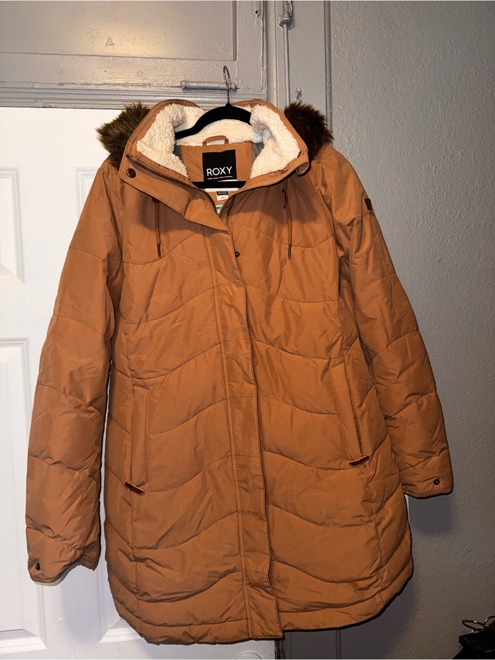 Roxy Women's Tan Puffer Coat with Faux Fur Trim